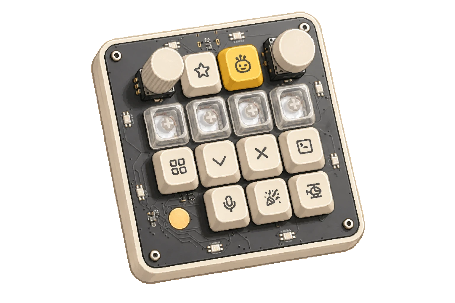 Pixel-art illustration of the OpenMicroKbd macro pad in warm daylight