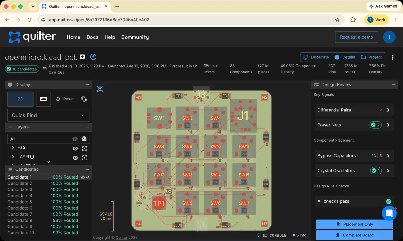 The Quilter.ai layout screen showing the routed 95 by 95 millimetre board, its switch and LED footprints, layer list and a design review panel