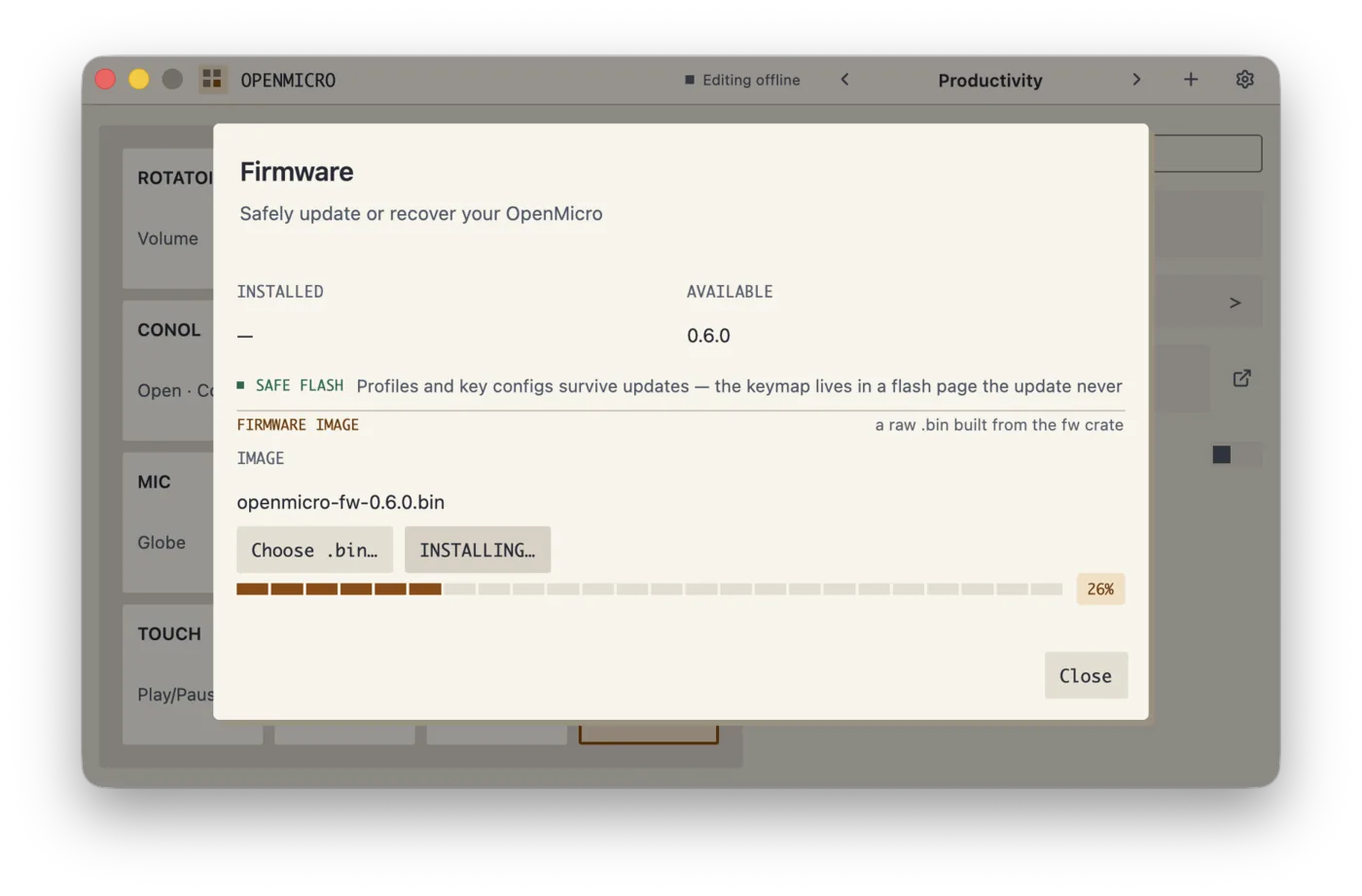 The companion app's Firmware dialog mid-install, showing version 0.6.0 available, the raw .bin image selected, and a progress bar at 26 percent